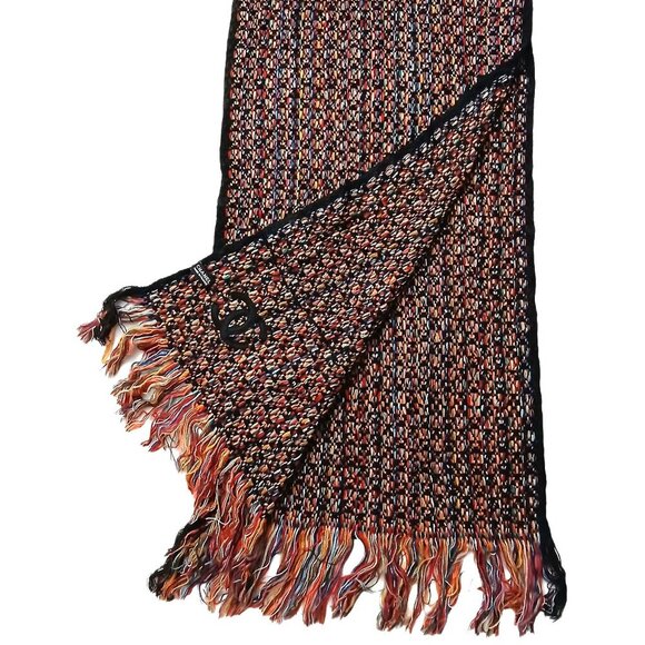 CHANEL Accessories - CHANEL Luxury Vintage Black & Red Multi-Color Woven Fringed Shawl Wrap Scarf